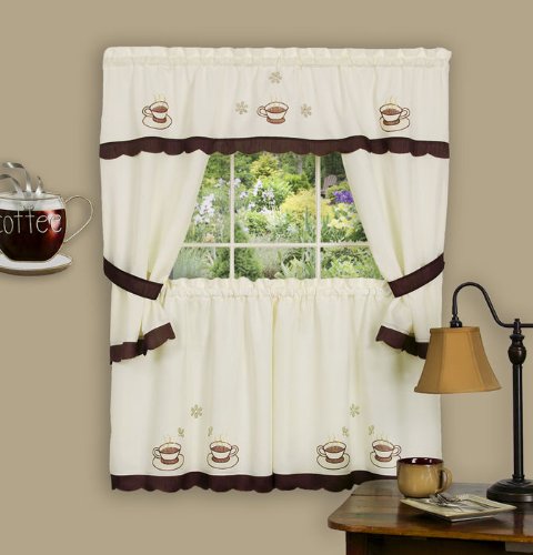 Park Avenue Collection Cuppa Joe Embellished Cottage Set - 58x24 Tailored Tier Pair/58x36 Tailored Topper with attached swaggers and tiebacks. - Brown