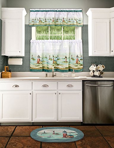 Ben&Jonah Collection Hamptons Printed Tier and Valance Window Curtain set 58x36 Tier Pair and 58x13 Valance - Sand
