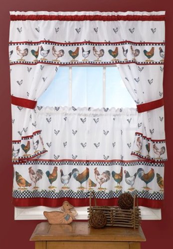 Park Avenue Collection Top of the Morning Cottage Set - 57x24 Tier Pair/57x36 Tailored Topper with attached valance and tiebacks. - Black/White