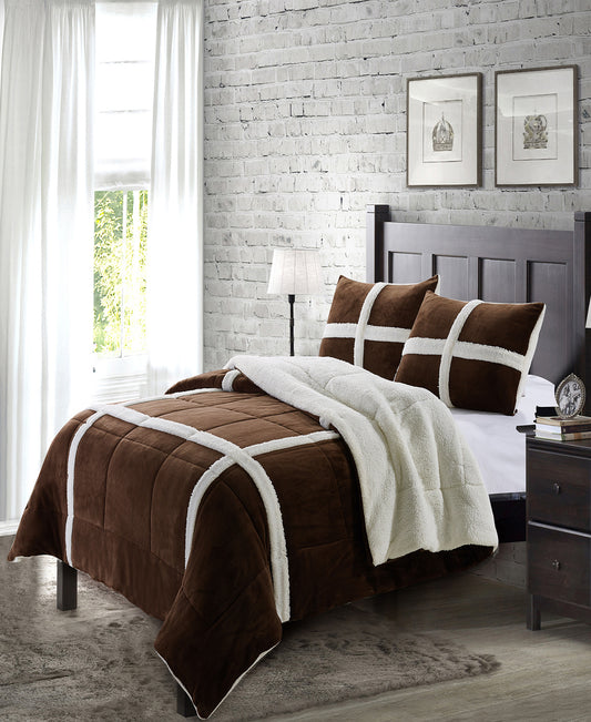 Simple Elegance by Ben&Jonah 3 Piece Queen Size Flannel Blanket Set with Sherpa Backing (90" x 90") - Chocolate