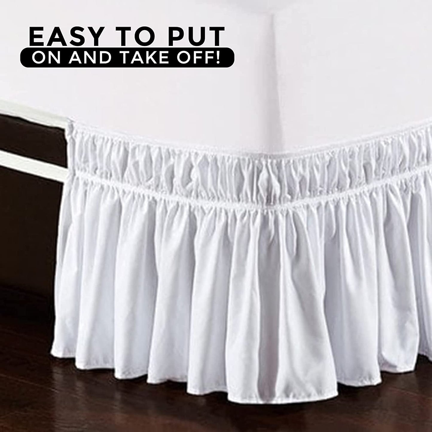 EasyWrap White Elastic Ruffled Bed Skirt with 16 inch  Drop - Queen/King