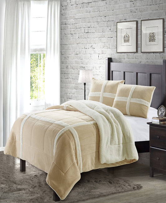 Simple Elegance by Ben&Jonah 3 Piece King Size Flannel Blanket Set with Sherpa Backing (102" x 90") - Tan