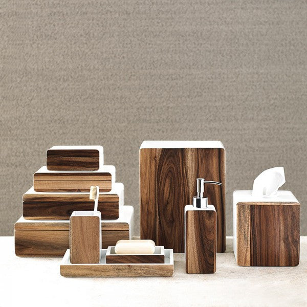 Royal Bath Natural Acacia Wood/ White Wastebasket (9.5" x 7.5" x 6.25")